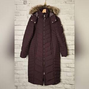 Eddie Bauer Women's Dark Brown Puffer Coat with Faux Fur Trim